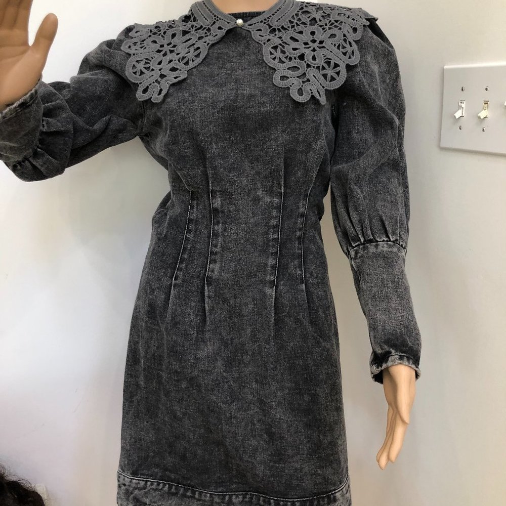 NWOT - Sexy Black Denim mini dress - optional collar detail!